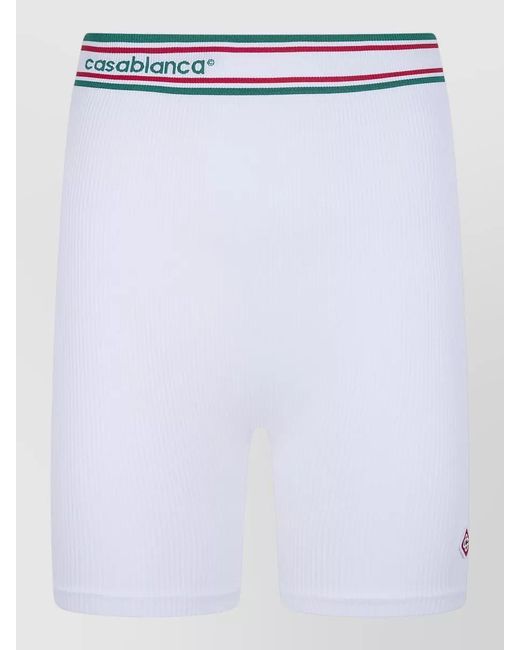 Casablanca White Ribbed Knit Shorts Featuring Striped Waistband