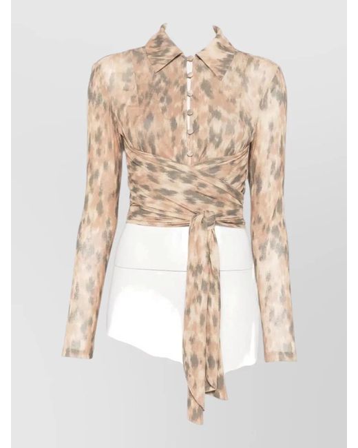 Ganni Natural Printed Wrap Long-Sleeve Cropped Blouse