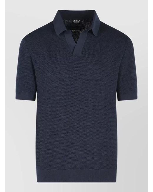 Zegna Blue Polo Shirt Premium Cotton Open Collar for men