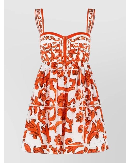 Dolce & Gabbana Red Short Dress Majolica Print Cotton Poplin