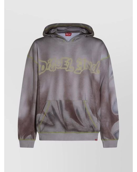 DIESEL Gray Hooded Graphic Print Sweatshirt Front Pocket for men