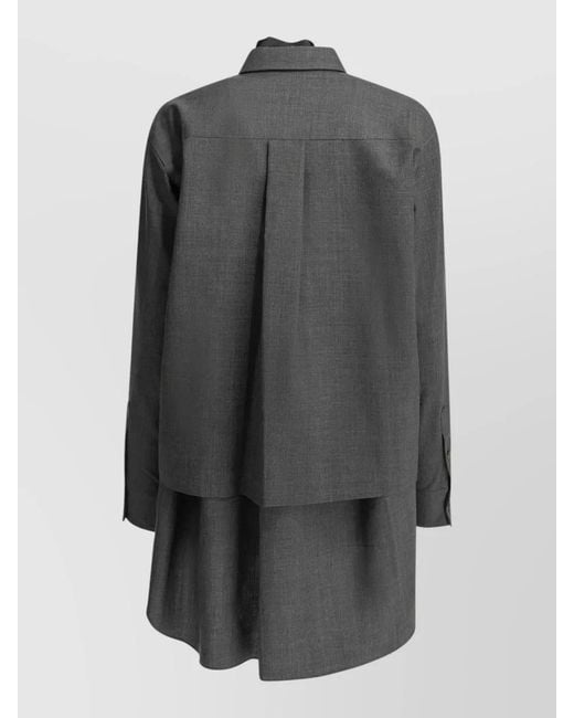 Sacai Gray Wool Shirtdress Chest Pocket Tie Detail