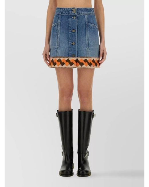 Valentino Blue Denim Skirt Jacquard Trim