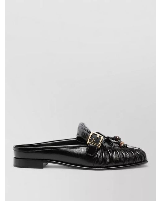 Fendi Black Loafers Round Toe Buckle Fringe Detail