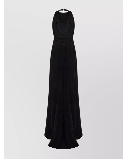 Elisabetta Franchi Black Velvet Hooded Deep V-Neck Backless Pleated Maxi Dress