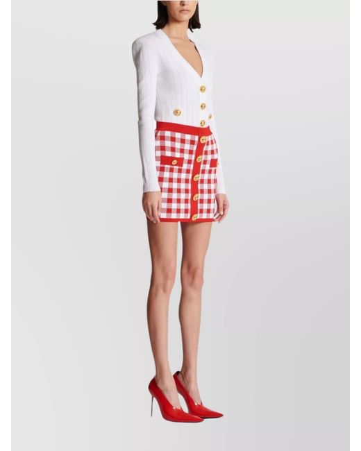 Balmain Red Checked High-Rise Mini Skirt