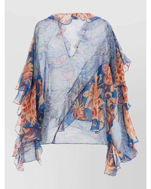 Etro Blue Silk Floral-Print Ruffled V-Neck Long-Sleeve Blouse