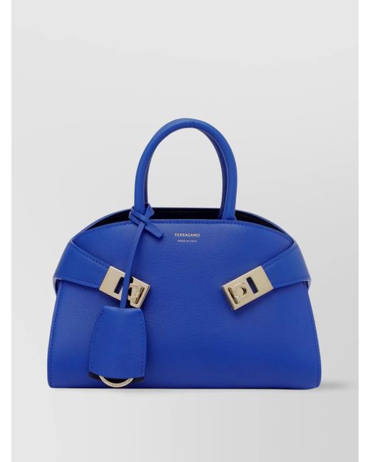 Ferragamo Blue Structured Top Handle Handbag With Detachable Strap