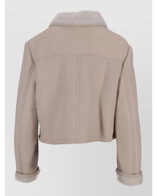 LA ROSE Natural Cropped Shearling Collar Leather Jacket