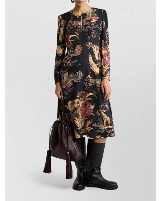 Etro Black Crepe Midi Dress Animal And Floral Motif