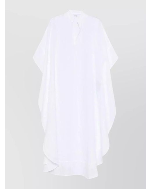 120% Lino White Linen Kaftan Dress Loose Silhouette V Neckline