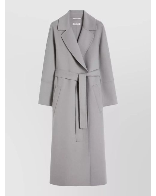 Max Mara Gray Belted Long Coat Notched Lapels Pockets