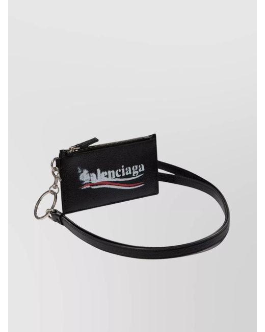 Balenciaga Black Leather Logo Print Keychain Wallet for men