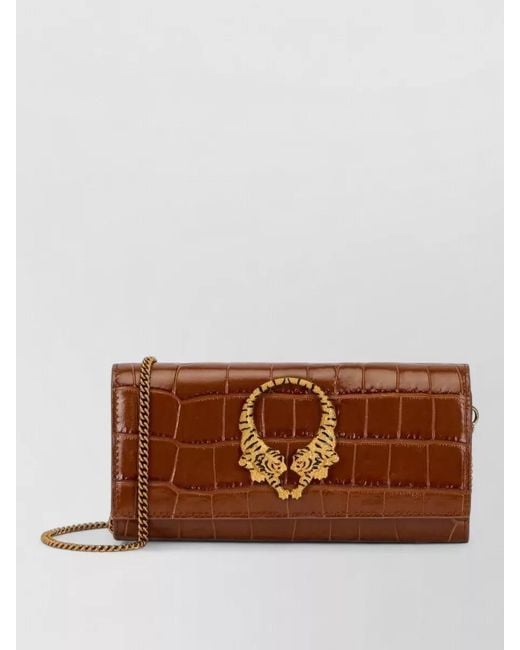 Roberto Cavalli Brown Chain Strap Clutch Bag Crocodile Pattern Hardware
