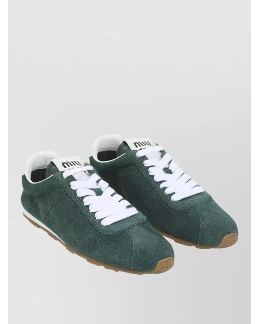 Miu Miu Green Suede Calf Leather Lace Up Sneakers