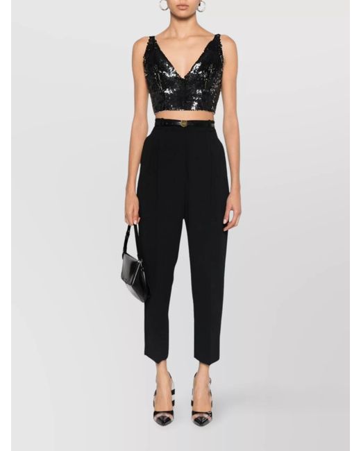 P.A.R.O.S.H. Black Sequinned V-Neck Sleeveless Cropped Top