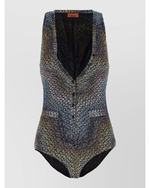 Missoni Black Zigzag Swimsuit One Piece Button Detail