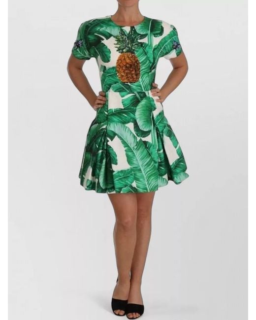 Dolce & Gabbana Green Cotton Silk Banana Leaf Print Mini Dress