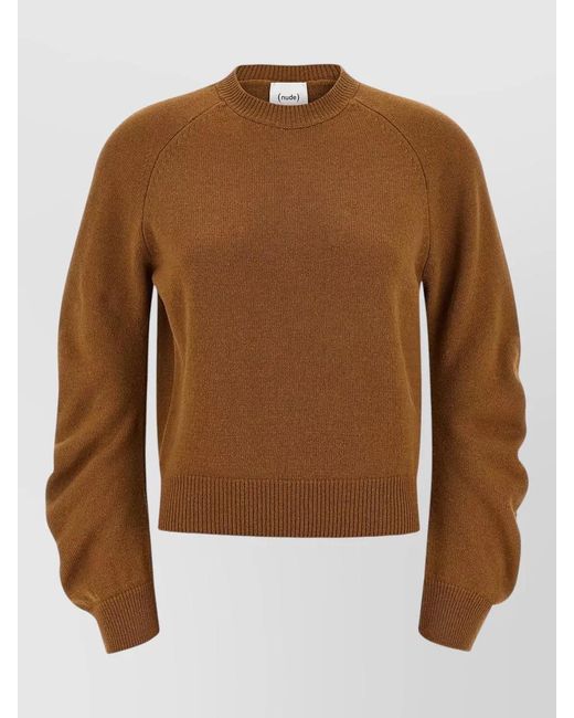 Nude Brown Crew Neck Raglan Knit Sweater Long Sleeves