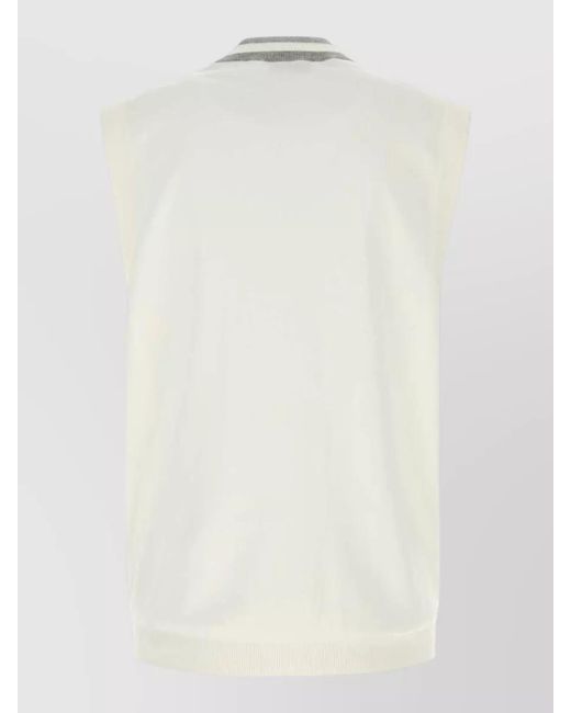 Brunello Cucinelli White Cotton Vest Ribbed Hem V Neckline for men
