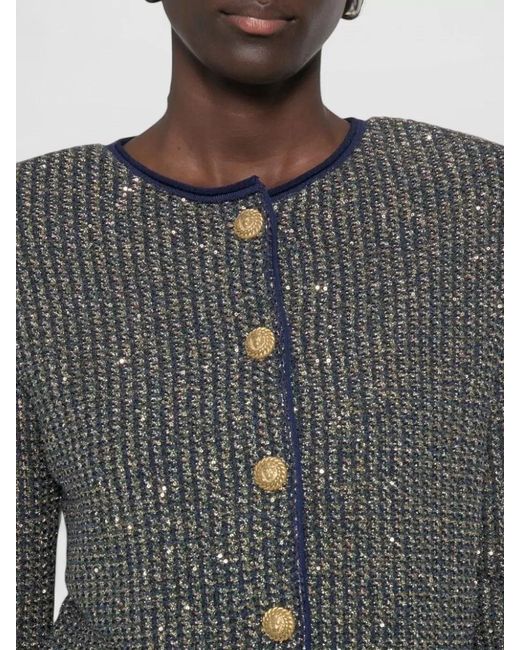 Balmain Gray Knit Cardigan Contrast Trim Cropped Length