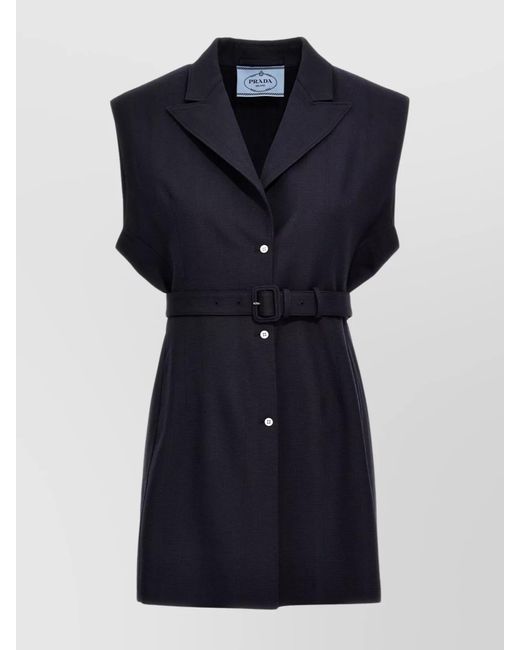 Prada Blue Belted Wool Vest With Notched Lapel