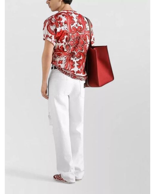 Dolce & Gabbana Red Majolica Print Cotton Jersey Crew T Shirt for men