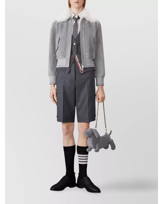 Thom Browne Gray Shearling Collar Suede Cropped Flight Jacket