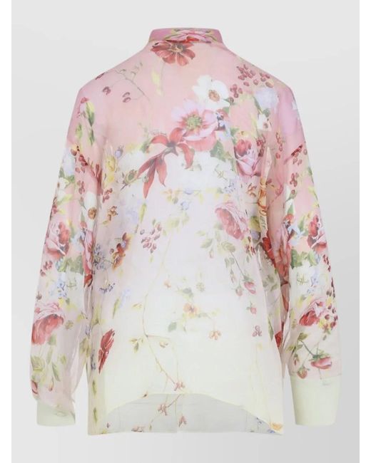 Roberto Cavalli Pink Silk Floral-Print Cutout Long-Sleeve Blouse