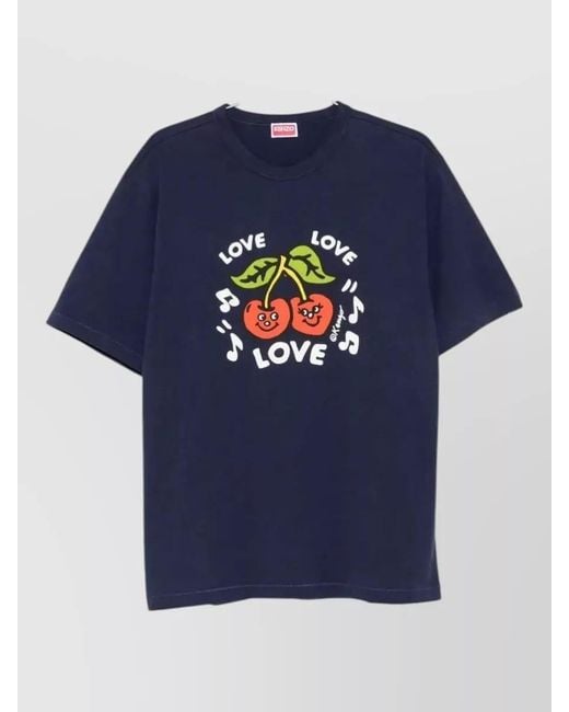 KENZO Blue T Shirt Cherry Graphic Front for men