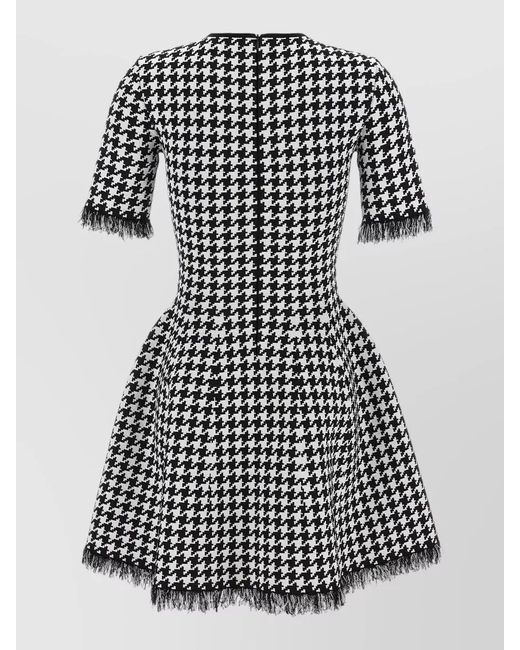 McQueen Black Short Sleeve Dress Houndstooth Fringe Detail