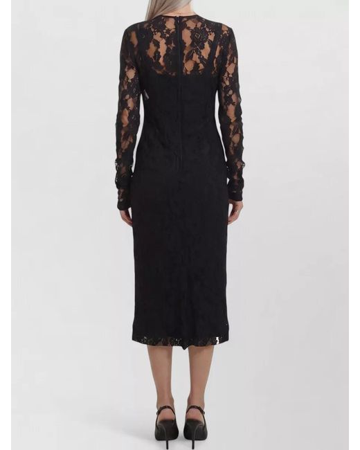 Dolce & Gabbana Black Lace Midi Dress Crew Neck Long Sleeves