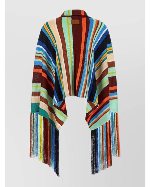 Fendi Blue Striped Poncho Fringes Detail Round Collar