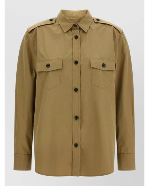 Prada Green Cotton Poplin Shirt Tailored Collar Button Epaulettes