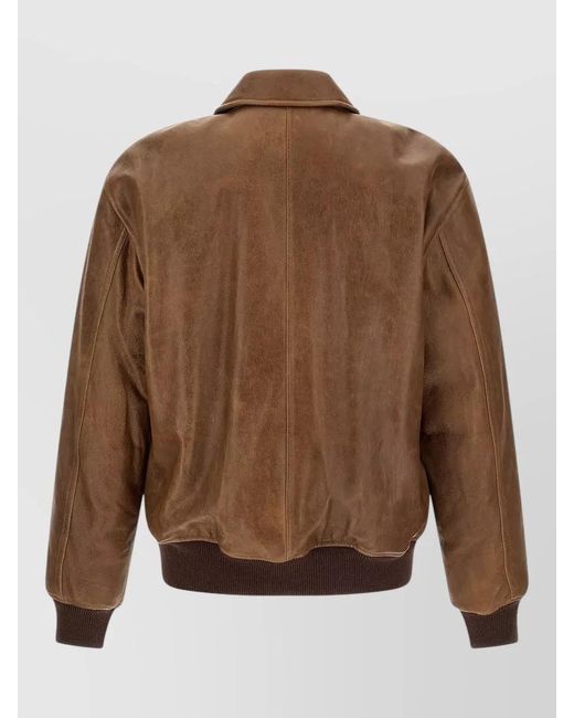 Saint Laurent Brown Leather Bomber Jacket Collared Design Pockets for men