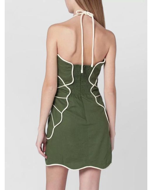 Farm Rio Green Halter Neck Dress Contrast Piping Smocked Back