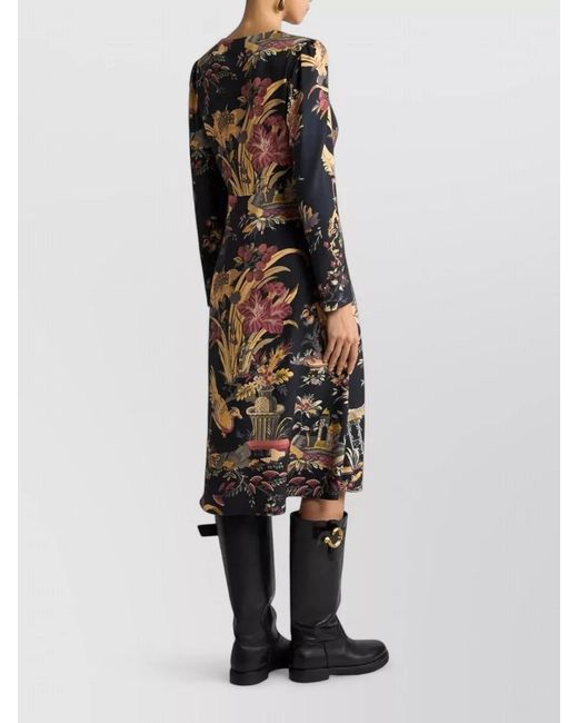 Etro Black Crepe Midi Dress Animal And Floral Motif
