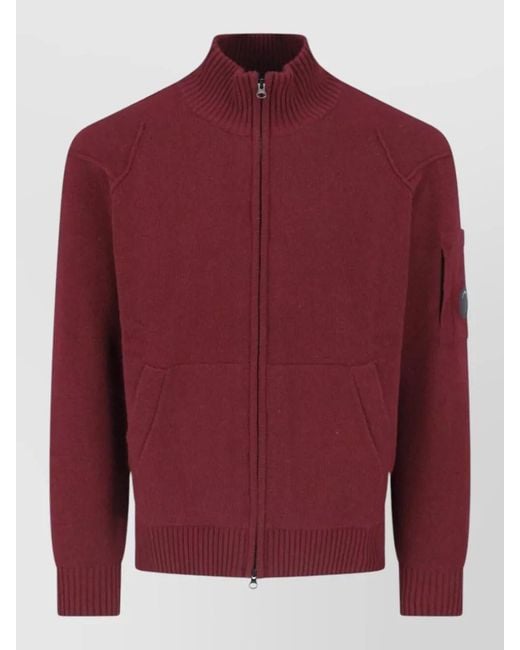 C P Company Red Crewneck Jacket High Collar Arm Pocket for men