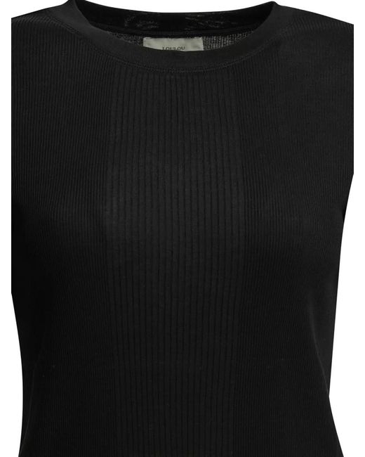 Loulou de Saison Black Crew Neck Ribbed Texture Short Sleeve Top