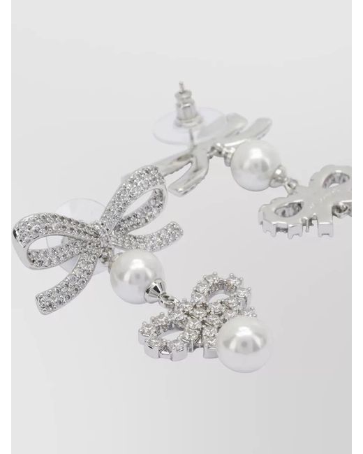 Self-Portrait Gray Bow Crystal Drop Earrings Pearl Accents