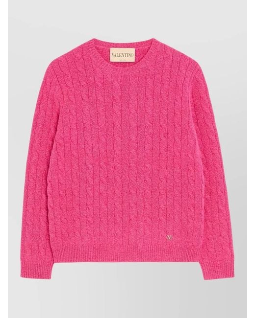 Valentino Garavani Pink Virgin Wool Cable Knit Crew Neck Sweater