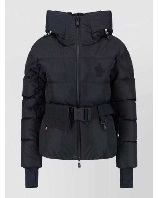 Moncler Black Hooded Jacket Belted Waist Long Sleeves