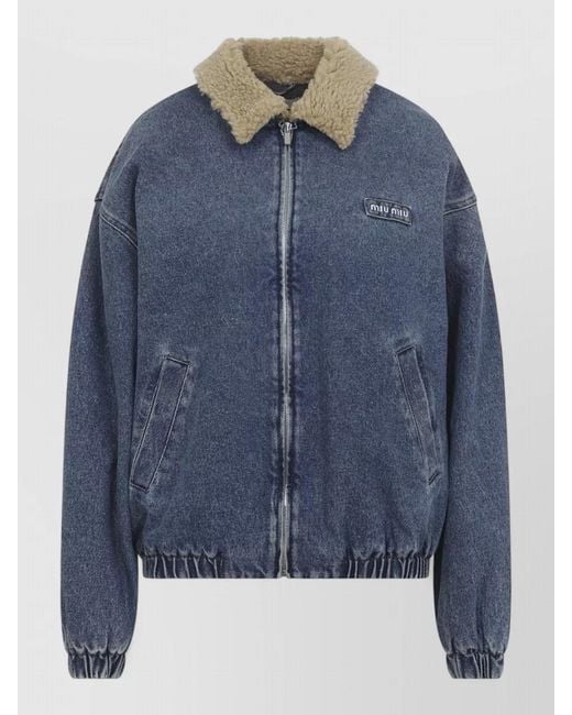 Miu Miu Blue Denim Blouson Shearling Collar Elasticated Hem