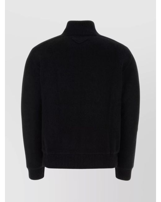 Prada Black Cashmere Wool Ribbed Funnel Neck Zip Cardigan for men