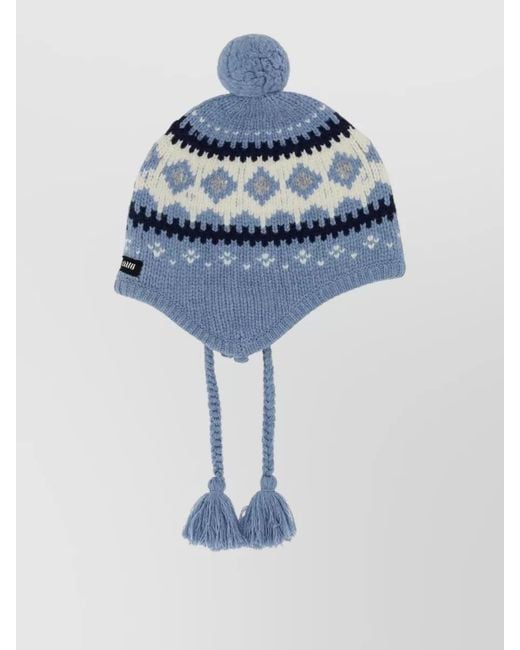 Miu Miu Blue Knit Hat Ear Flaps Pattern Tassel Ties