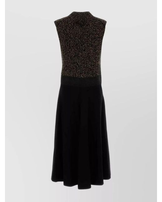 Prada Black Wool Cashmere Relaxed-Fit Ribbed Crew-Neck Flared Midi Dress