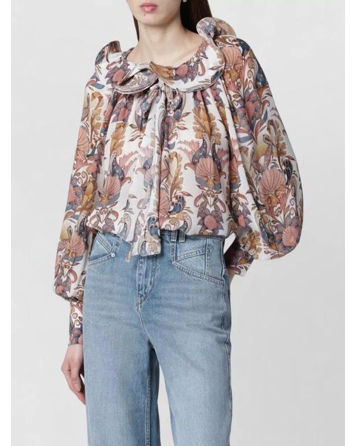 Farm Rio Blue Floral Pattern Top Long Sleeves Loose Fit