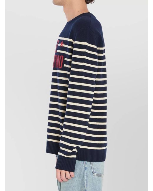 Valentino Garavani Blue Ribbed Crew Neck Wool Sweater for men