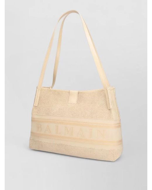 Balmain Natural Rectangular Shoulder Bag Textured Fabric Dual Handles