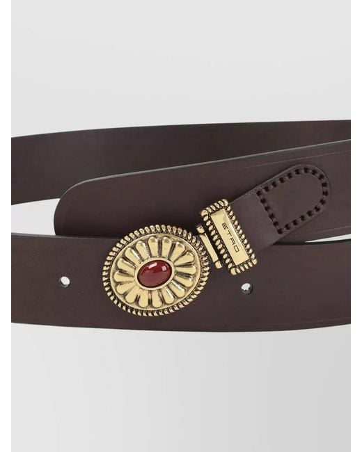 Etro Gray Leather Belt Floral Buckle Cabochon Detail